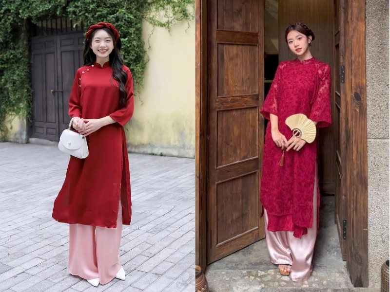 phối áo dài đỏ với quần hồng pastel
