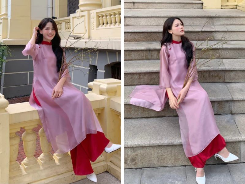 Áo dài tím kết hợp với quần màu đỏ