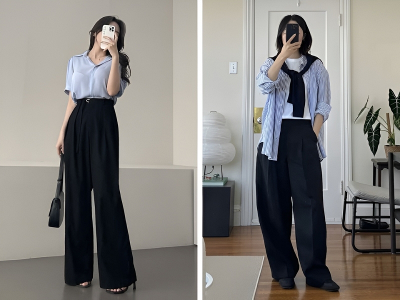 Phối áo sơ mi màu xanh dương và quần tây đen 