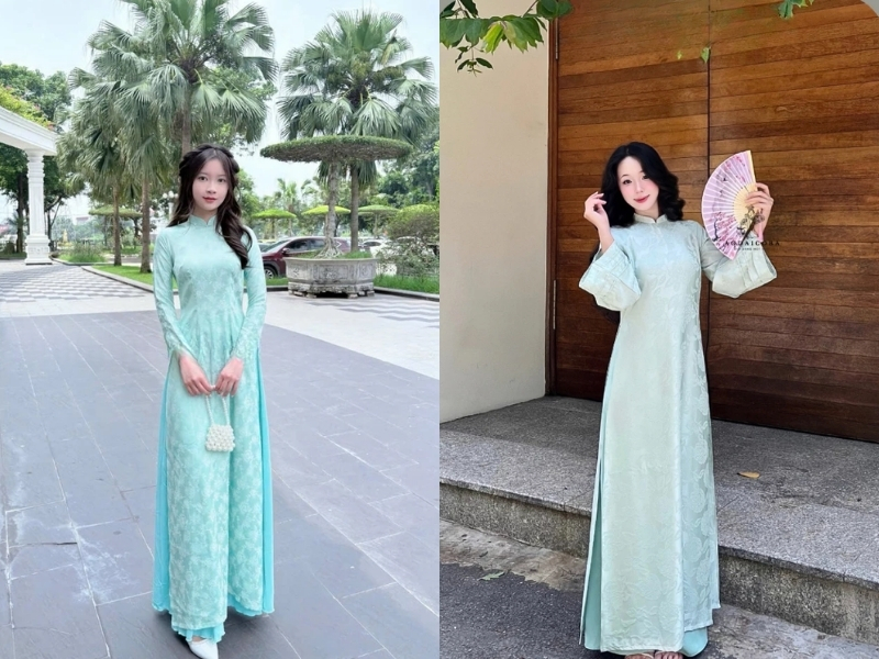 phối đồ áo dài màu xanh ngọc với quần màu xanh ngọc
