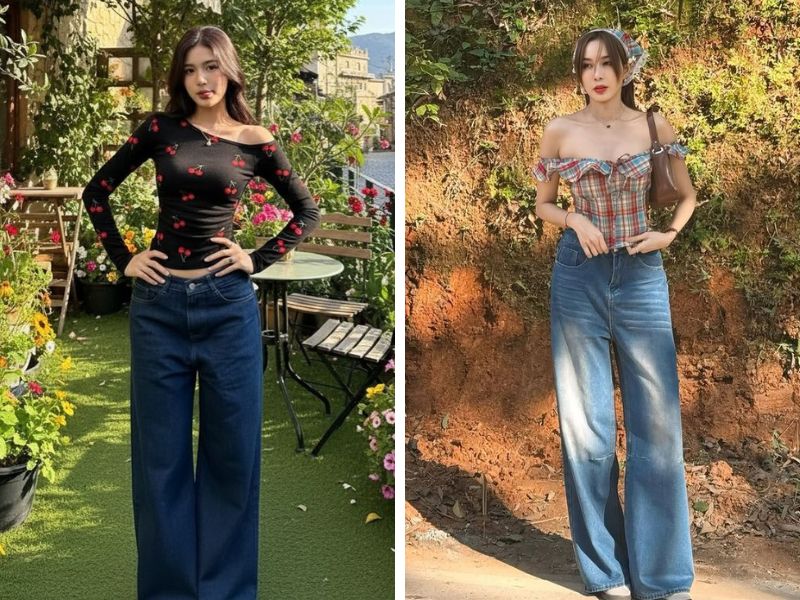 áo trễ vai quần jean ống rộng