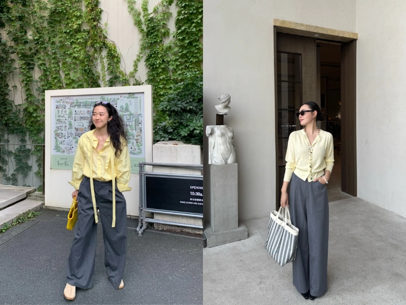 Áo vàng phối quần xám nữ thanh lịch
