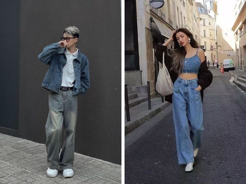 outfit với quần jean ống rộng