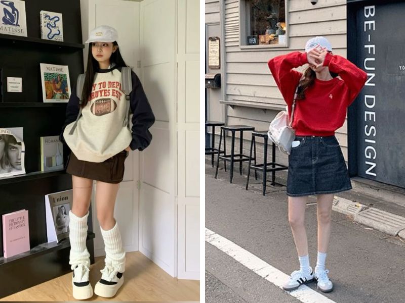áo sweater và chân váy jean ngắn