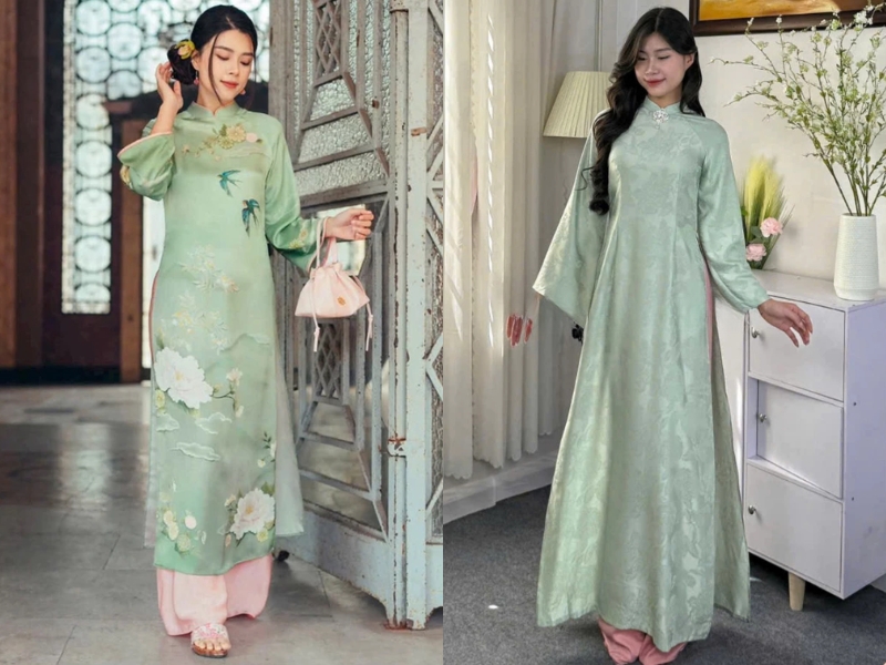 phối đồ áo dài màu xanh ngọc với quần màu hồng