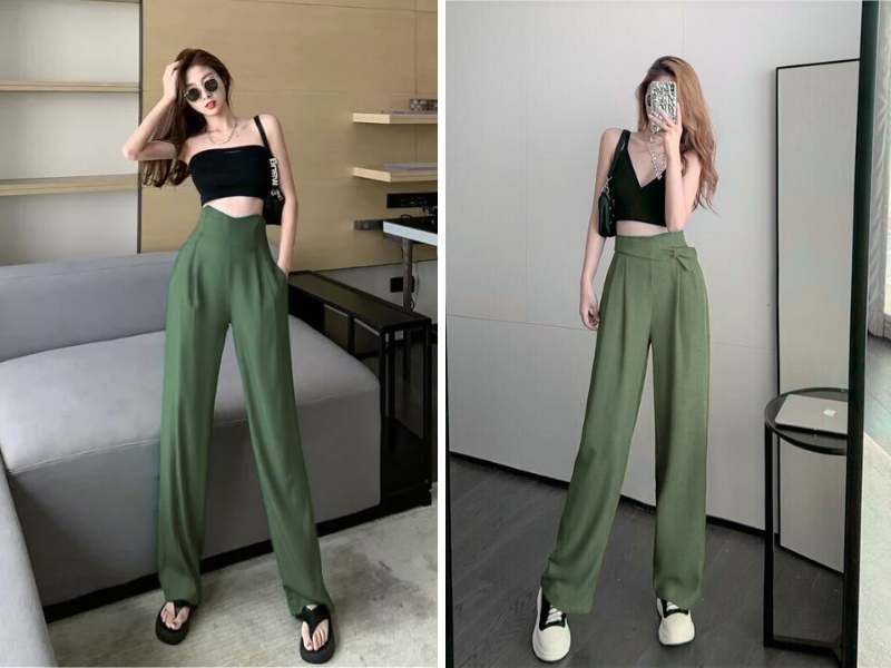 áo crop top hai dây hoặc áo ống đen phối cùng quần tây xanh rêu