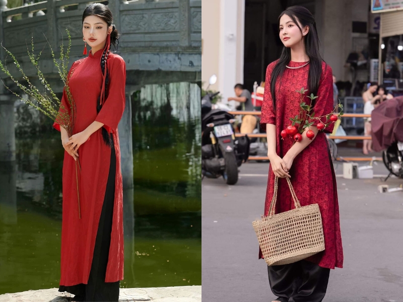 Phối áo dài đỏ với quần màu đen
