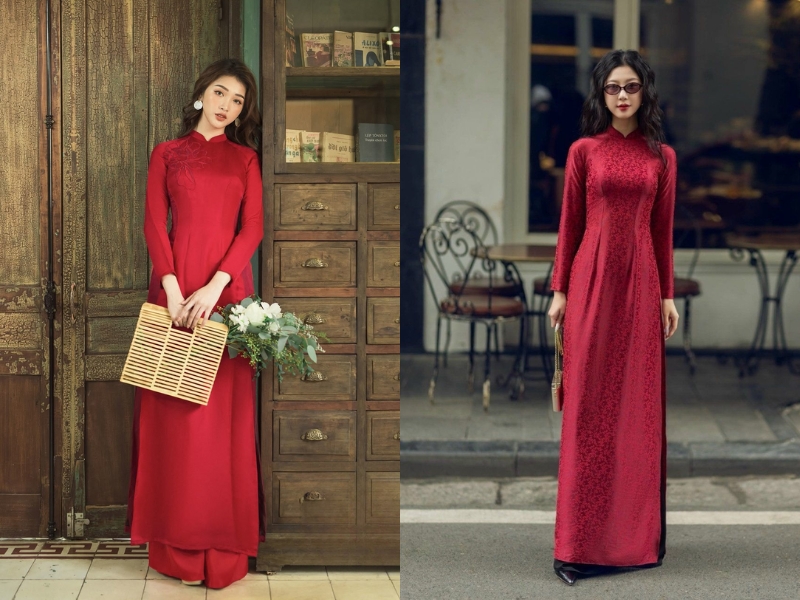 Áo dài lụa đỏ tối giản