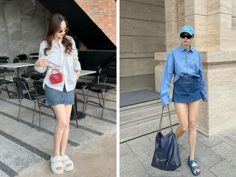 áo sơ mi và chân jean ngắn