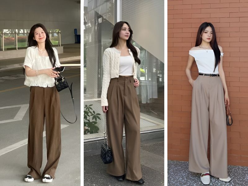 Phối quần màu nâu và áo màu trắng