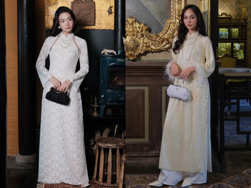 áo dài tone trắng ngà cho da ngăm