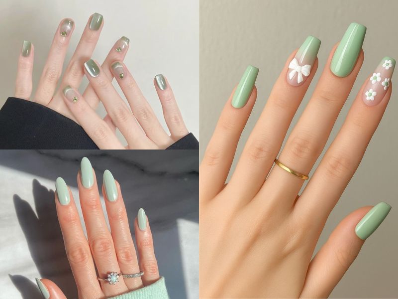 mẫu nail màu xanh bạc hà