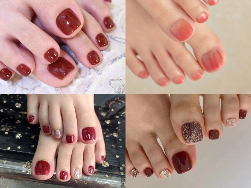móng chân gel thạch màu đỏ mận 