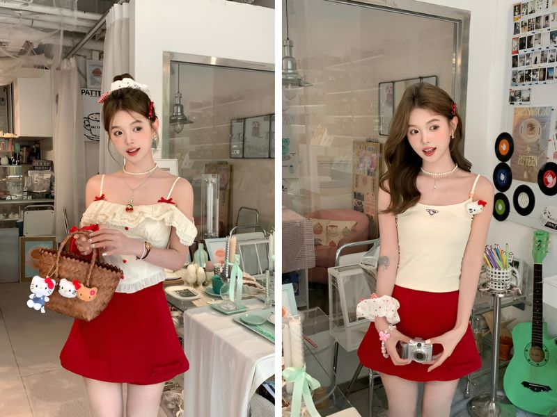 Phối áo hai dây kem và chân váy ngắn đỏ
