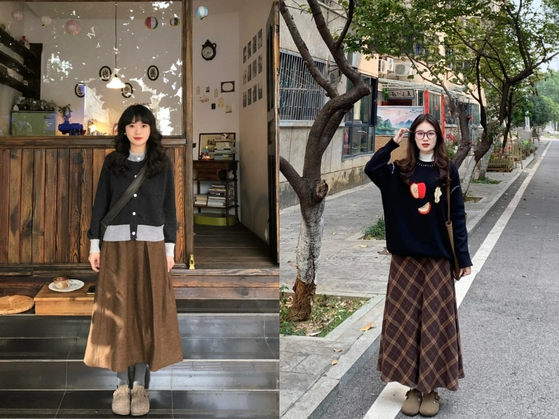 Chân váy nâu phối với áo sweater