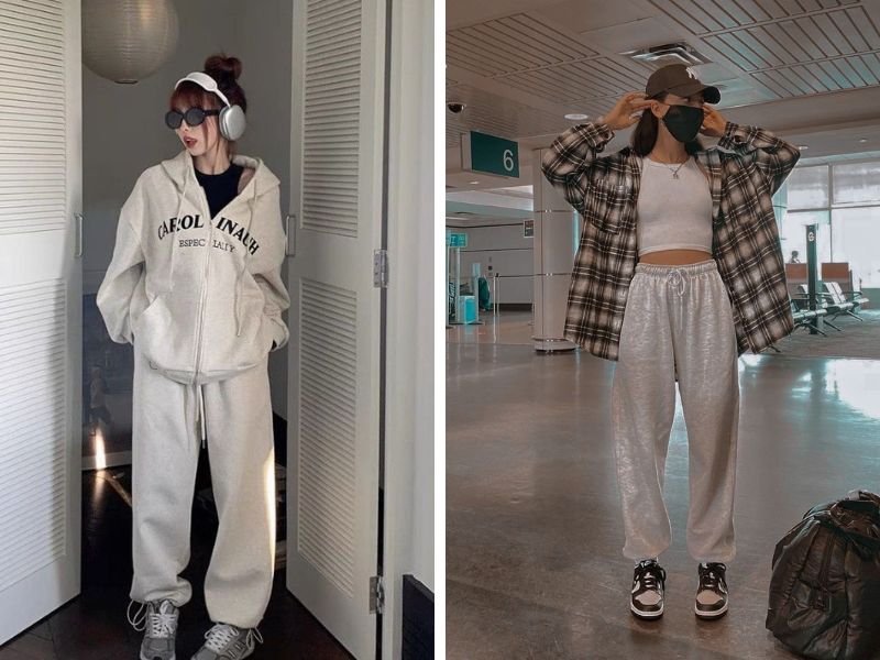 quần jogger với áo hoodie và áo sơ mi kẻ sọc