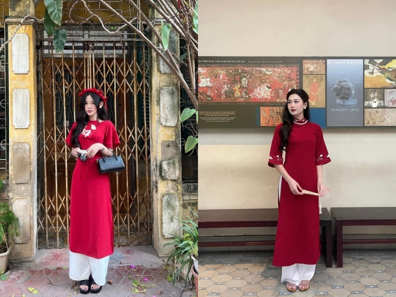 Phối áo dài đỏ với quần màu trắng
