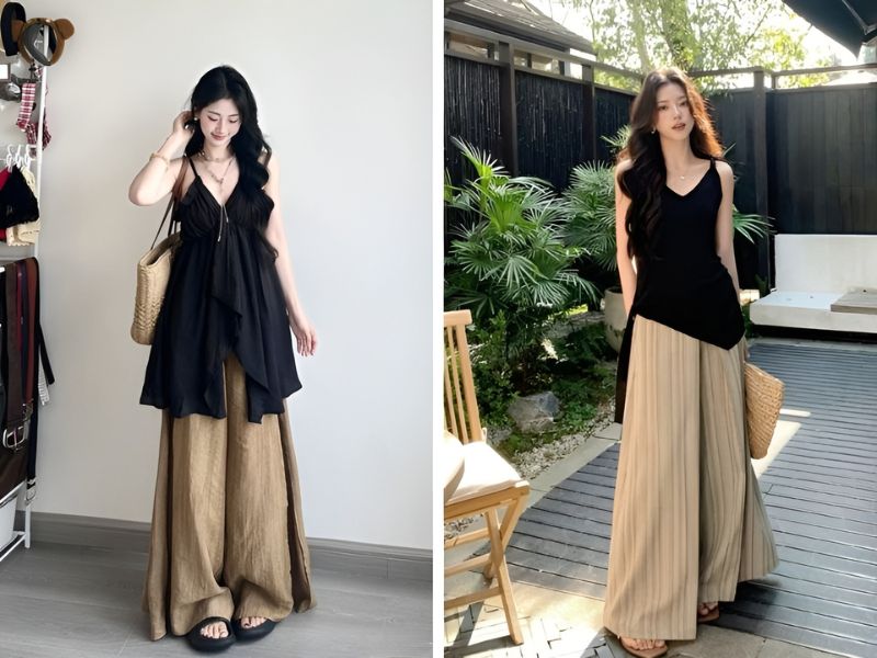 Phối quần nâu ống rộng và áo hai dây màu đen