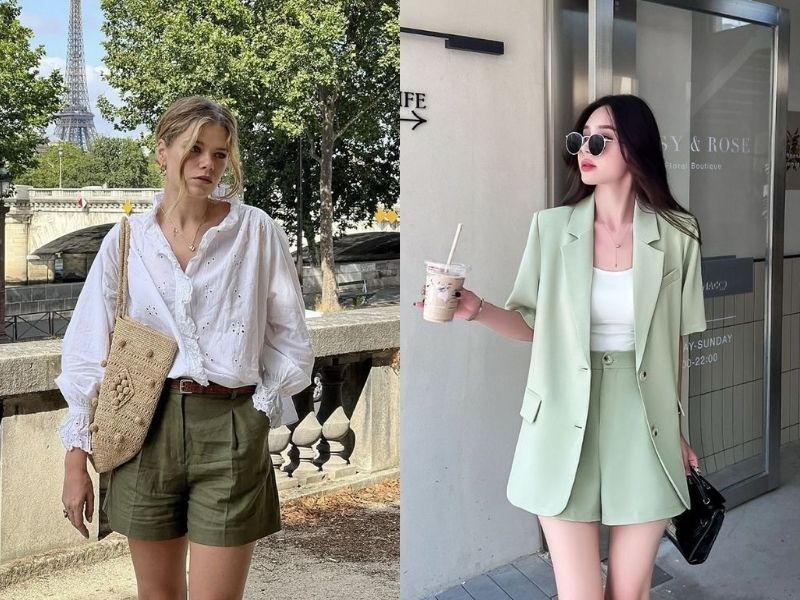 phối quần short xanh lá với áo trắng