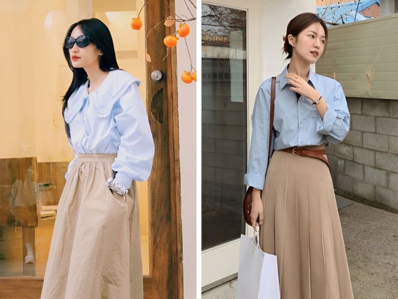 Phối áo sơ mi xanh dương và chân váy kaki 