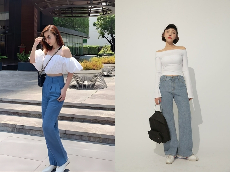 Áo trễ vai trắng mix quần tây/jean