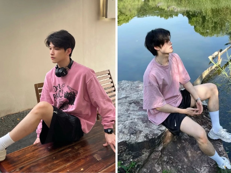 Phối áo thun hồng với quần short đen dành cho nam