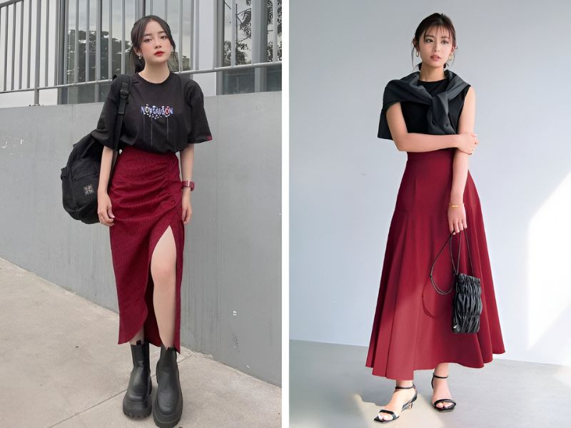 Phối áo đen và chân váy đỏ dài