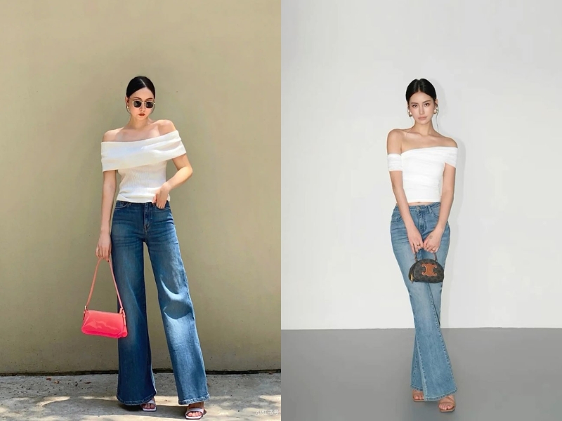 phối Áo trễ vai trắng mix jean xanh 