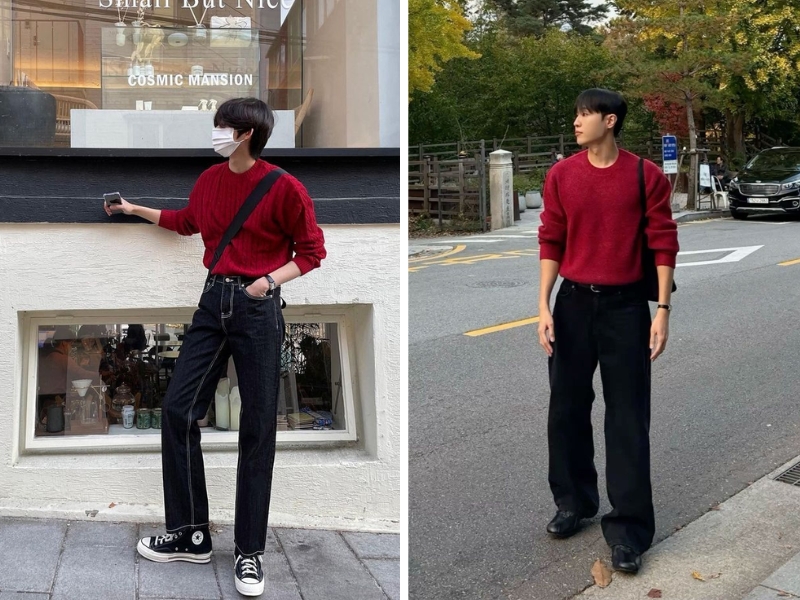  áo len đỏ chất liệu mềm hoặc len cashmere phối cùng quần jeans đen 