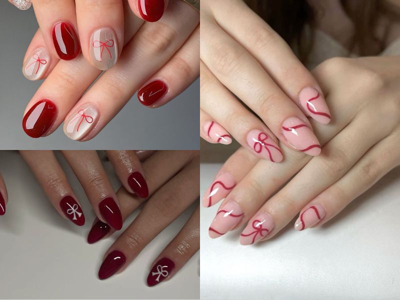 nail tone màu đỏ đính nơ