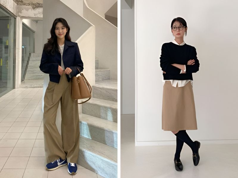 Phối quần và chân váy màu kaki với áo màu đen 