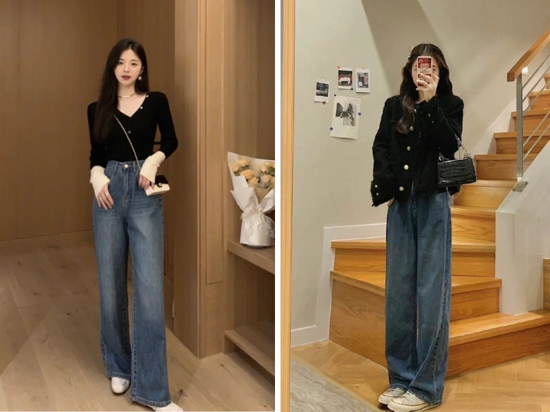 Phối áo đen nữ với quần màu xanh