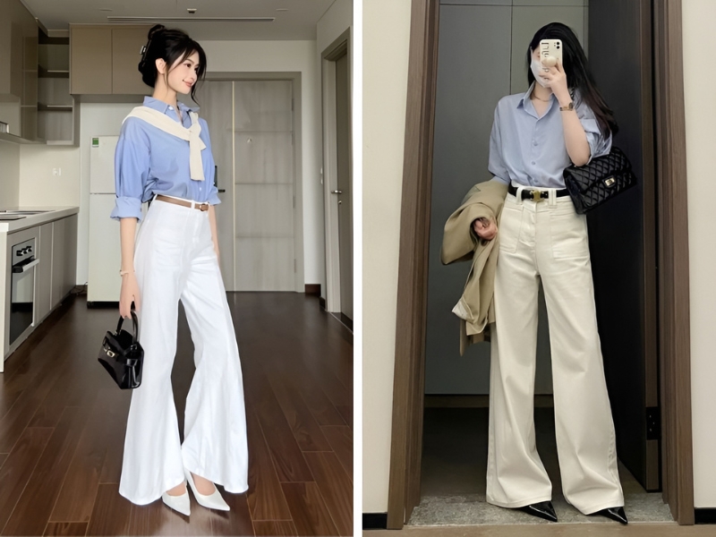 Phối áo xanh dương và quần màu trắng ống rộng 