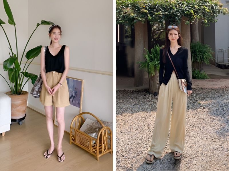 Phối áo màu đen và quần màu kem