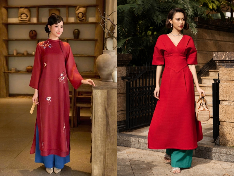 phối đồ áo dài Sắc đỏ và quần màu xanh cổ vịt