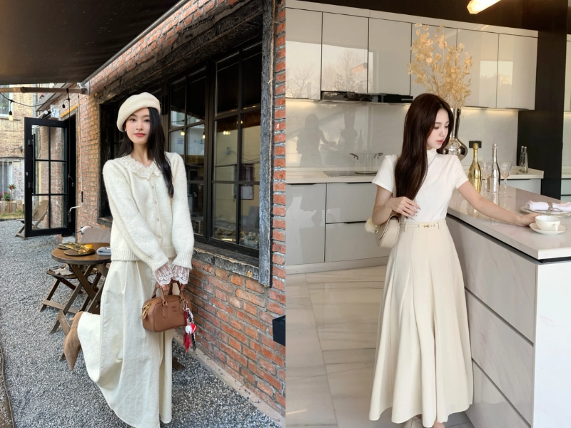 phối đồ màu Kem và màu trắng