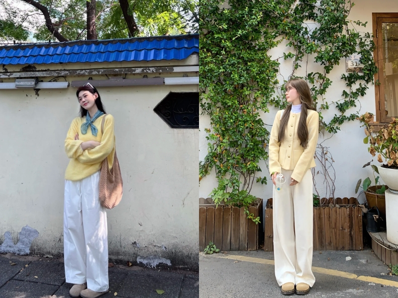 Áo vàng kết hợp quần trắng