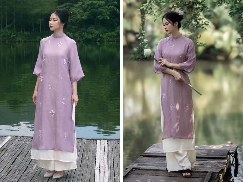 Áo dài tím phối với quần màu kem