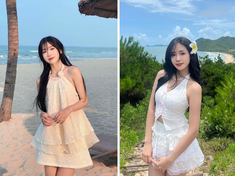 Outfit yếm trắng và chân váy trắng