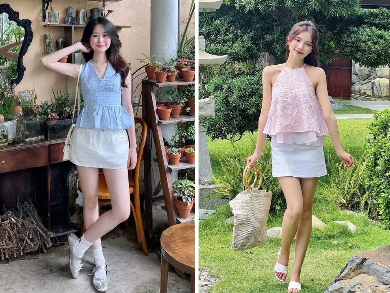 Áo yếm tone sáng phối chân váy trắng
