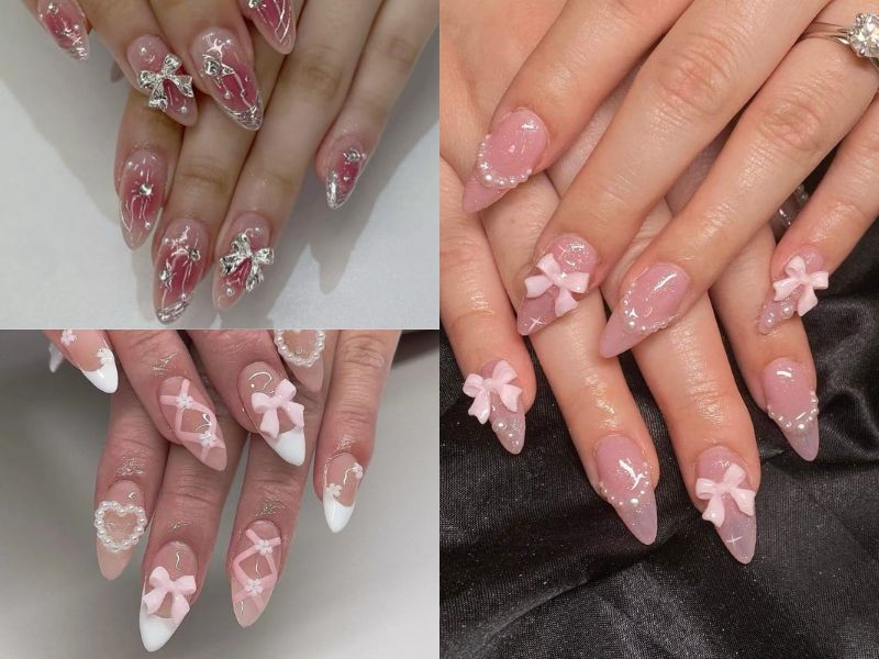 nail đính nơ màu hồng dài