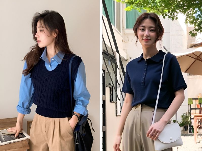 Phối áo xanh navy và quần kaki