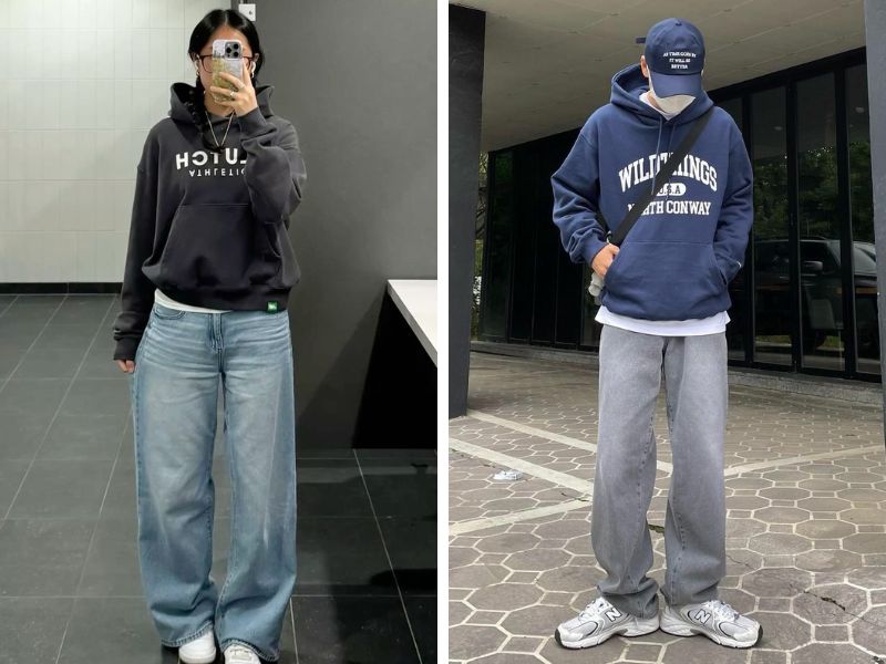 áo hoodie quần jean ống suông