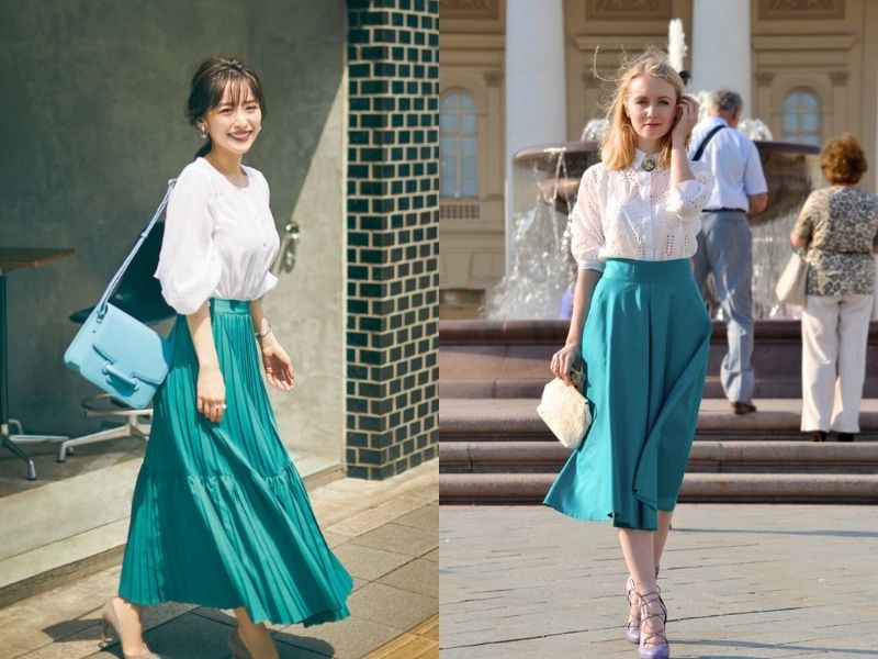 Phối đồ với set xanh lơ kết hợp màu trắng