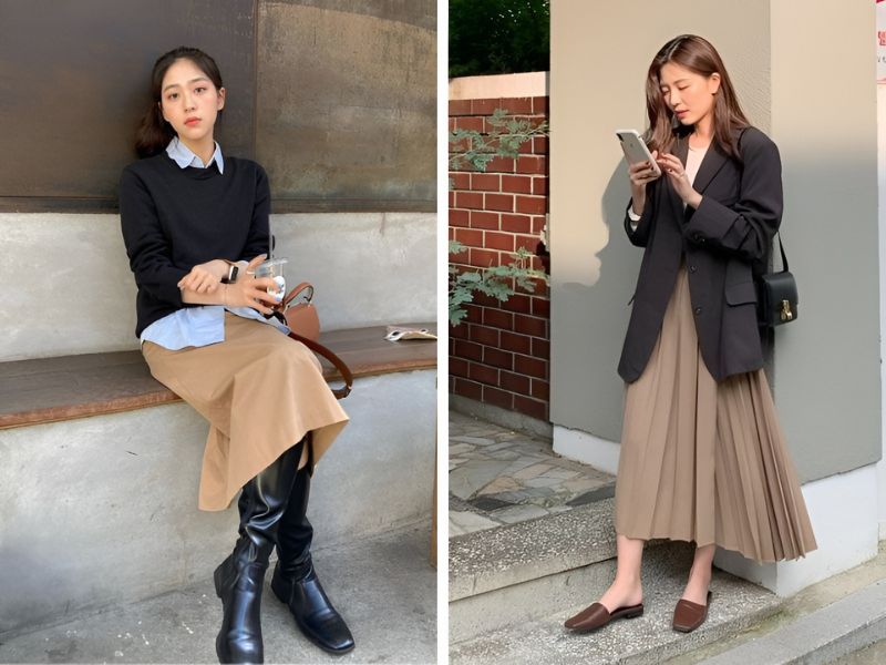 Phối áo đen và chân váy màu kaki 