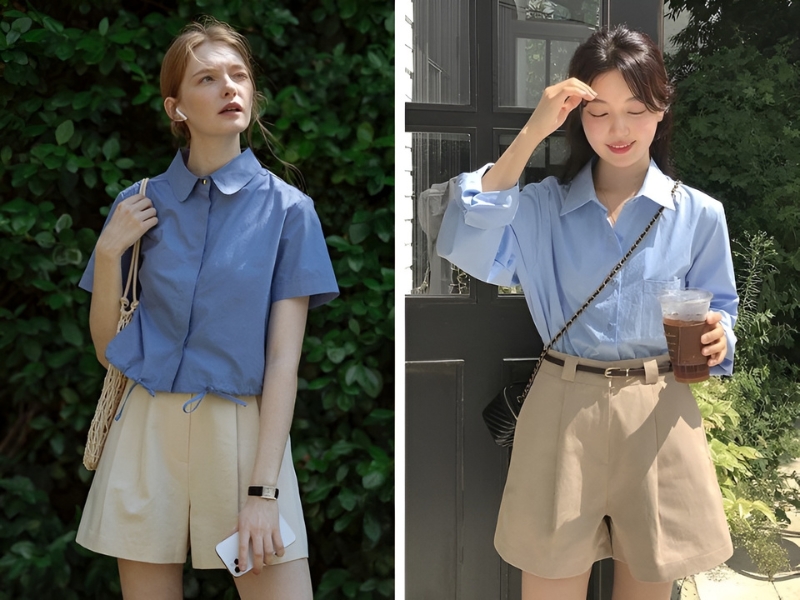 Phối áo sơ mi xanh dương và quần short 