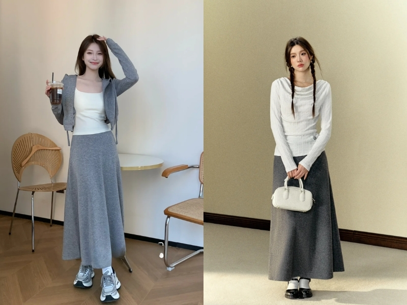 Outfit trắng xám nhã nhặn với chân váy xám