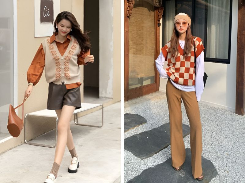 Phối áo gile cam và quần màu nâu