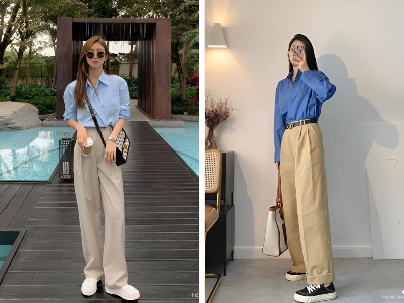 Phối áo sơ mi xanh dương và quần màu be 