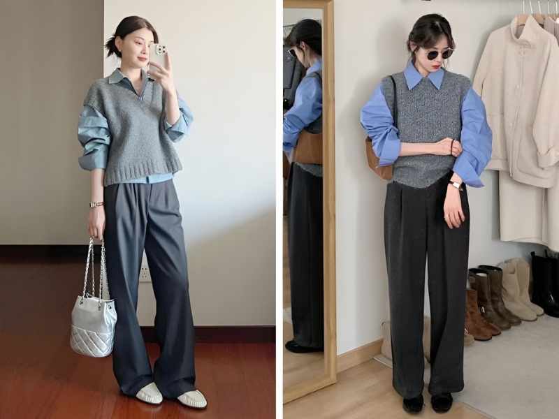 Phối áo sơ mi xanh dương và áo gile với quần màu xám 
